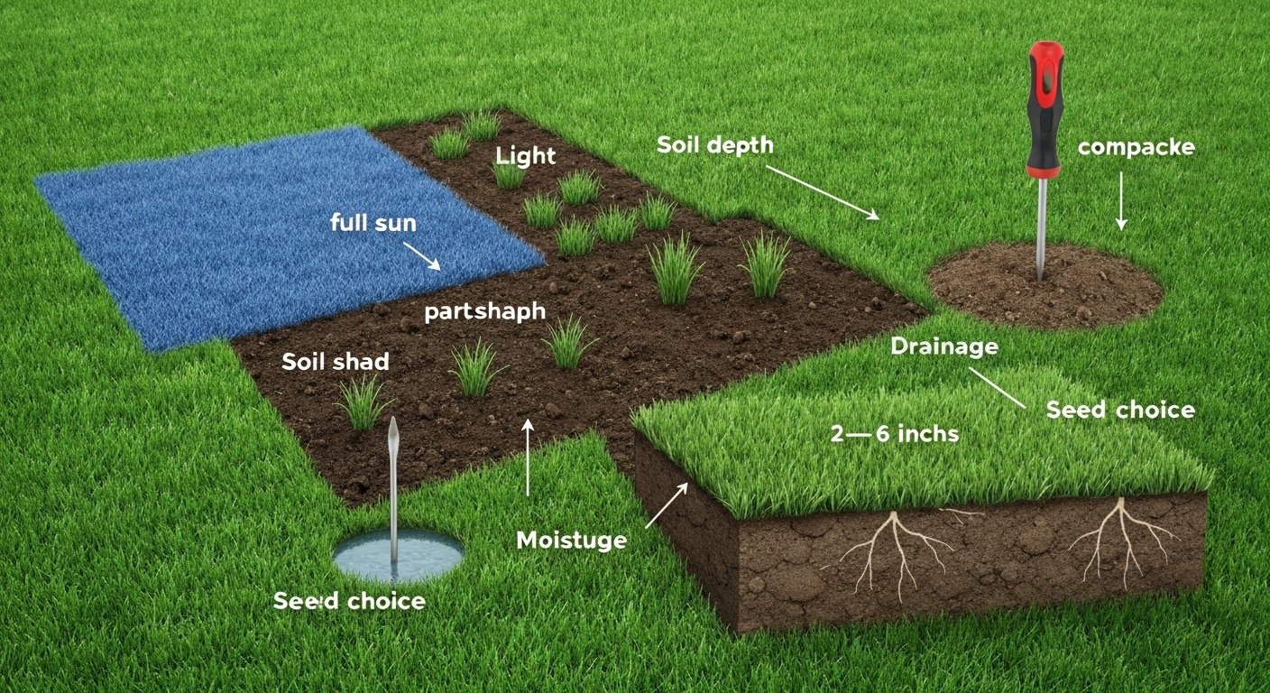 Backyard divided into zones showing sun, shade, compacted soil with screwdriver, pooled water, and a soil cross-section labeled with light, soil depth, moisture, drainage, and seed choice.