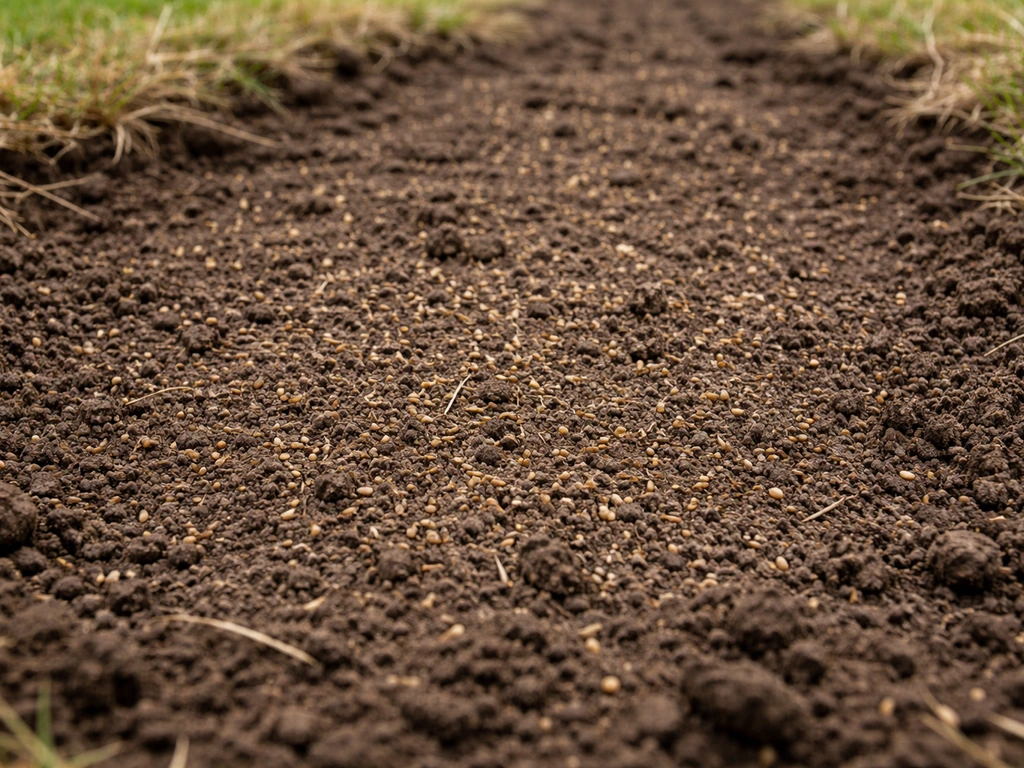 Close-up ryegrass seedbed with lightly covered seed pressed into shallow soil, no deep tilling.
