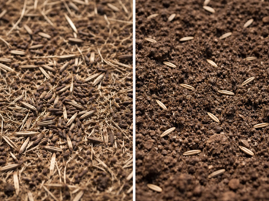 Split close-up showing ryegrass seed on thatch vs seeds pressed into clean soil for contact comparison