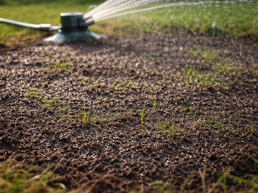 Garden sprinkler on seeded soil, showing light watering without puddles or runoff