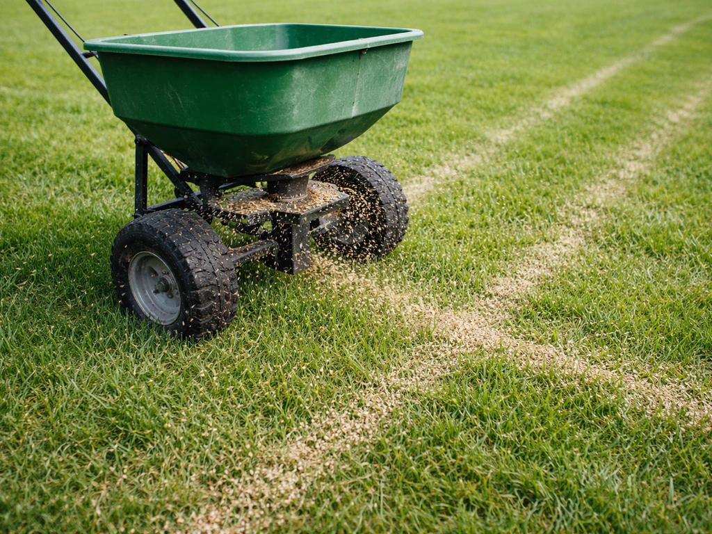 Rotary spreader on a field scattering ryegrass seed in two crossed passes to prevent striping.