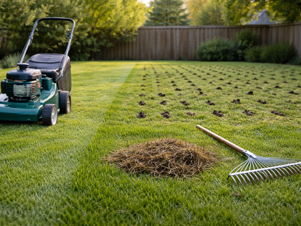 Minimal backyard lawn care steps showing mowing, raking, and core aerating for no-till ryegrass