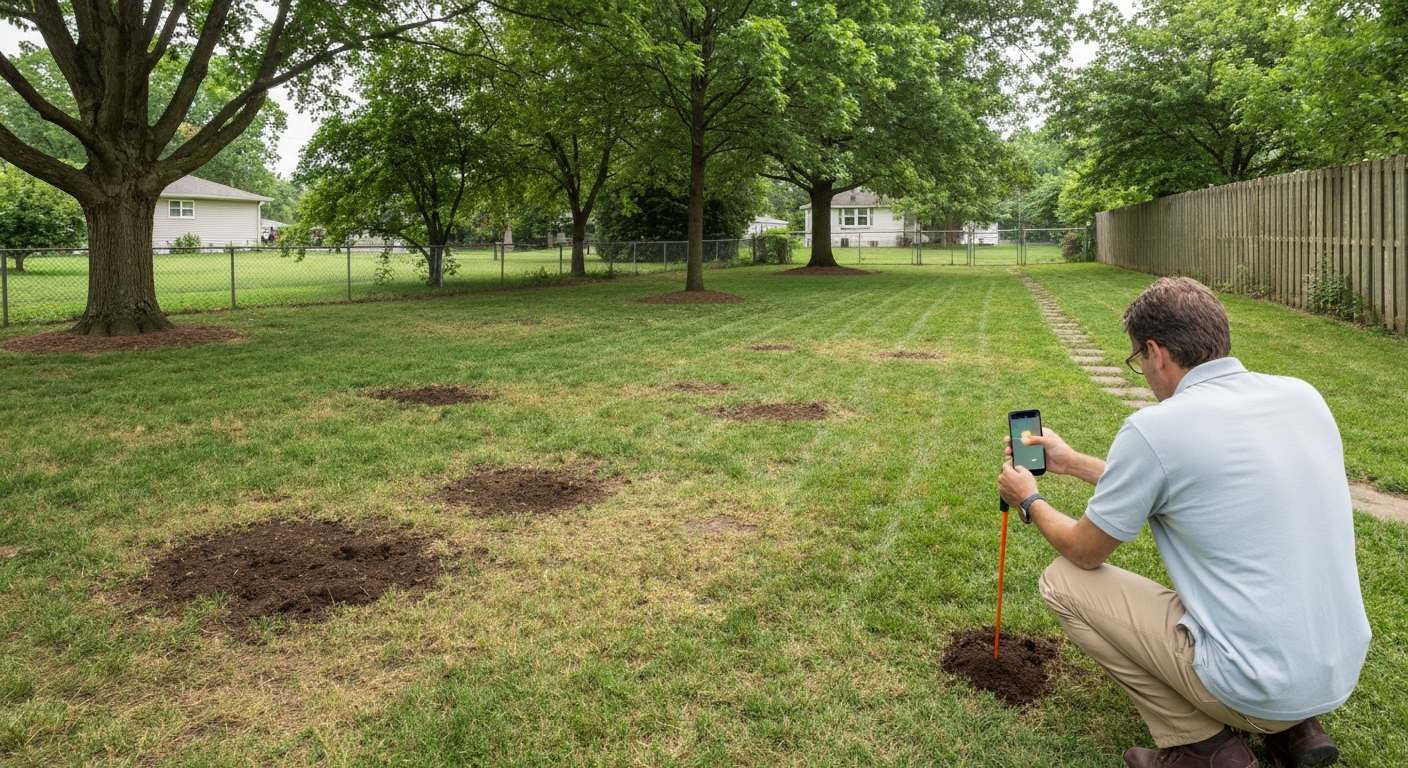 Suburban backyard with patchy lawn, tree shade, a low wet spot, and a person testing soil with a probe and phone.