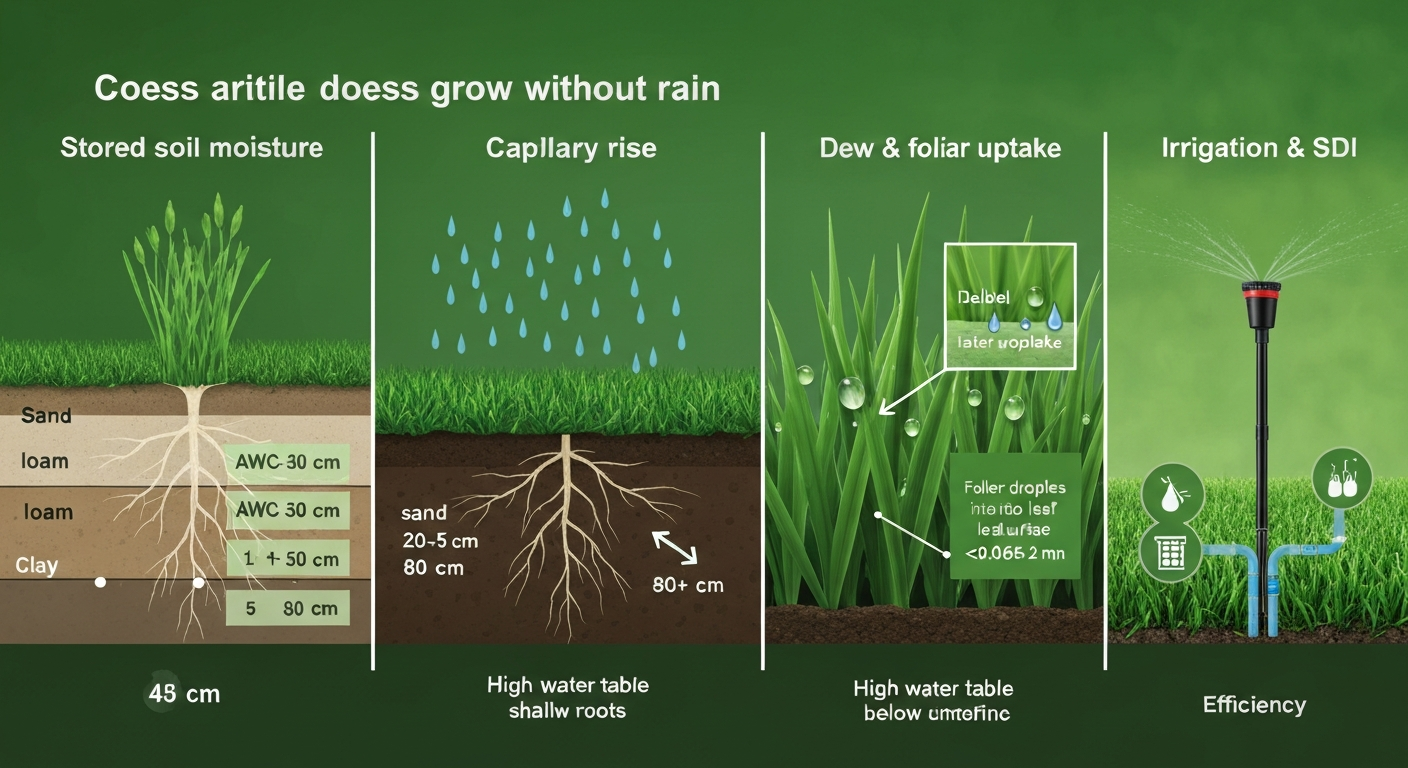 Infographic banner showing lawn with four panels: soil moisture and roots, capillary rise from groundwater, dew on blades and foliar uptake, and irrigation including subsurface drip.
