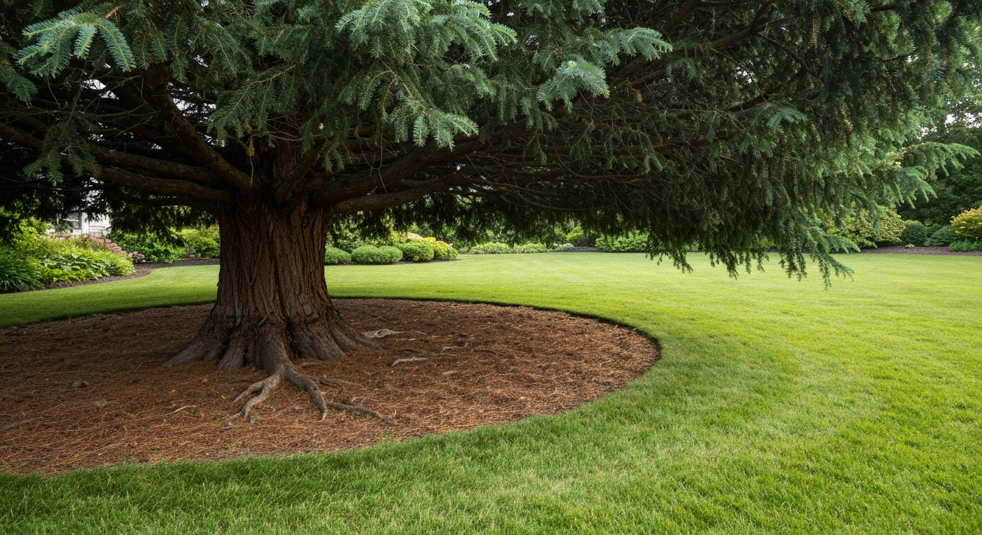 Mature cedar tree with thin grass and needle duff under the canopy and healthier lawn at the canopy edge.