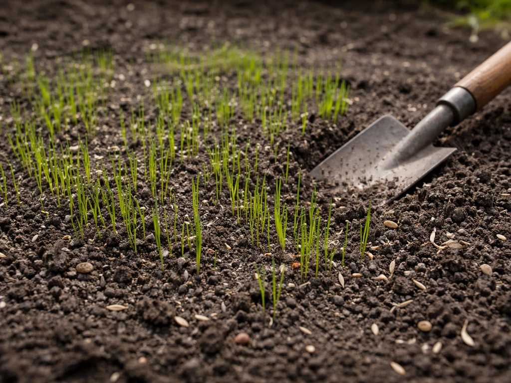 Green grass sprouts emerging from dark soil amended with wood ash-like material