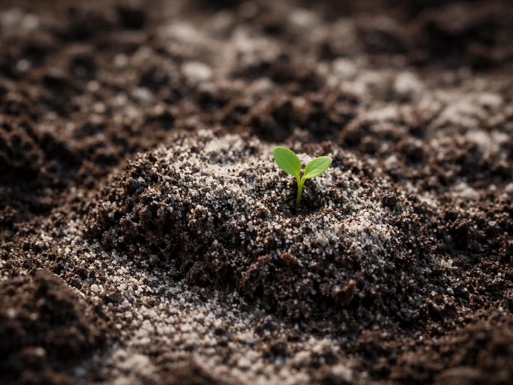 Macro close-up of wood ash grains mixed into dark soil with a tiny seedling emerging.