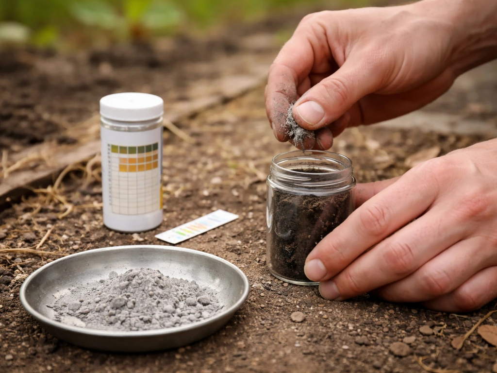 Close-up of hands inspecting soil and gray wood ash with a simple pH test strip nearby.