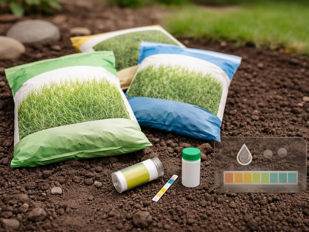 Grass seed bags and a small pH test kit beside bare soil in a simple garden setup.