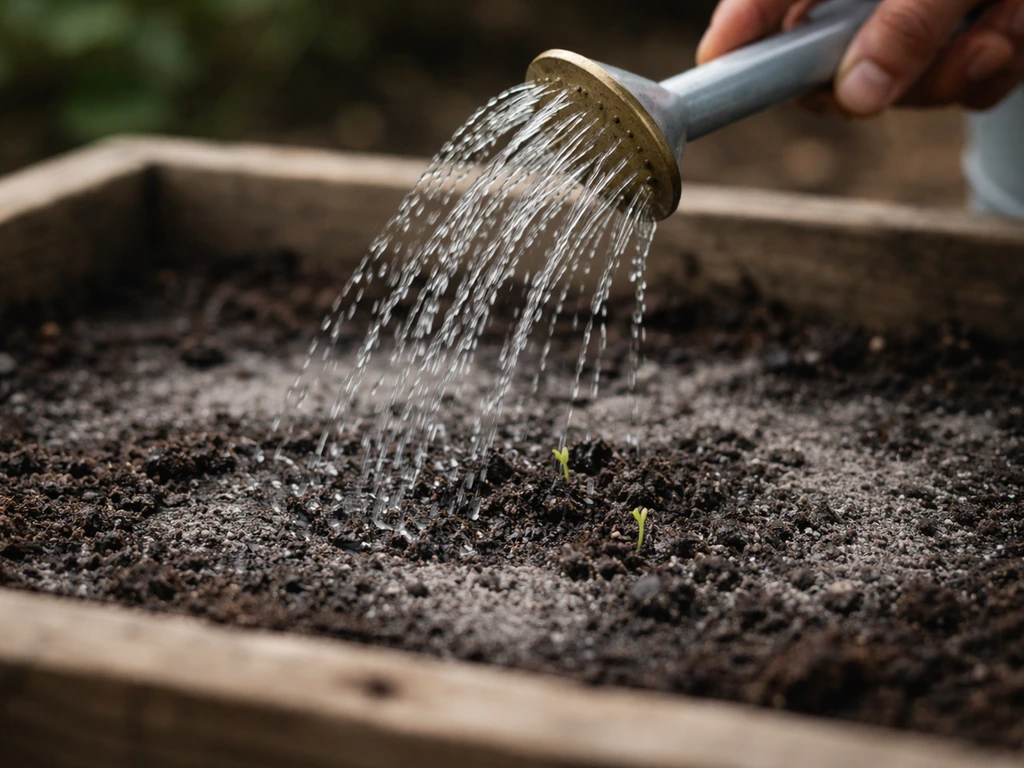 Hand sprinkling water over a small ash-darkened seedbed with faint sprout growth in soft daylight