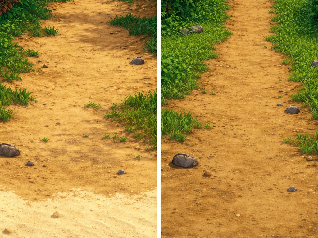 Minimal split ground scene showing sparser grass on Ginger Island vs thicker grass on the main farm tiles.