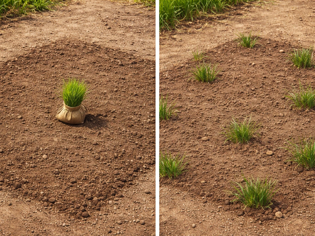 Side-by-side farm tiles: one with a grass starter that doesn’t sprout, the other with tilled soil and growing grass.