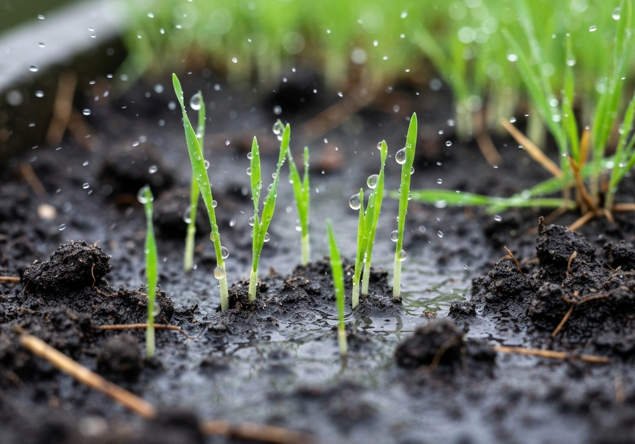 Newly seeded grass with raindrops splashing onto moist soil and tiny sprouts emerging.