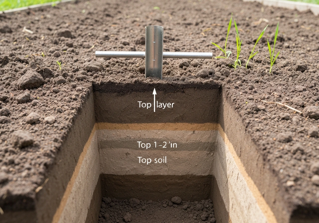 Realistic soil cutaway showing darker consistently moist top layer over lighter deeper soil for seed germination.