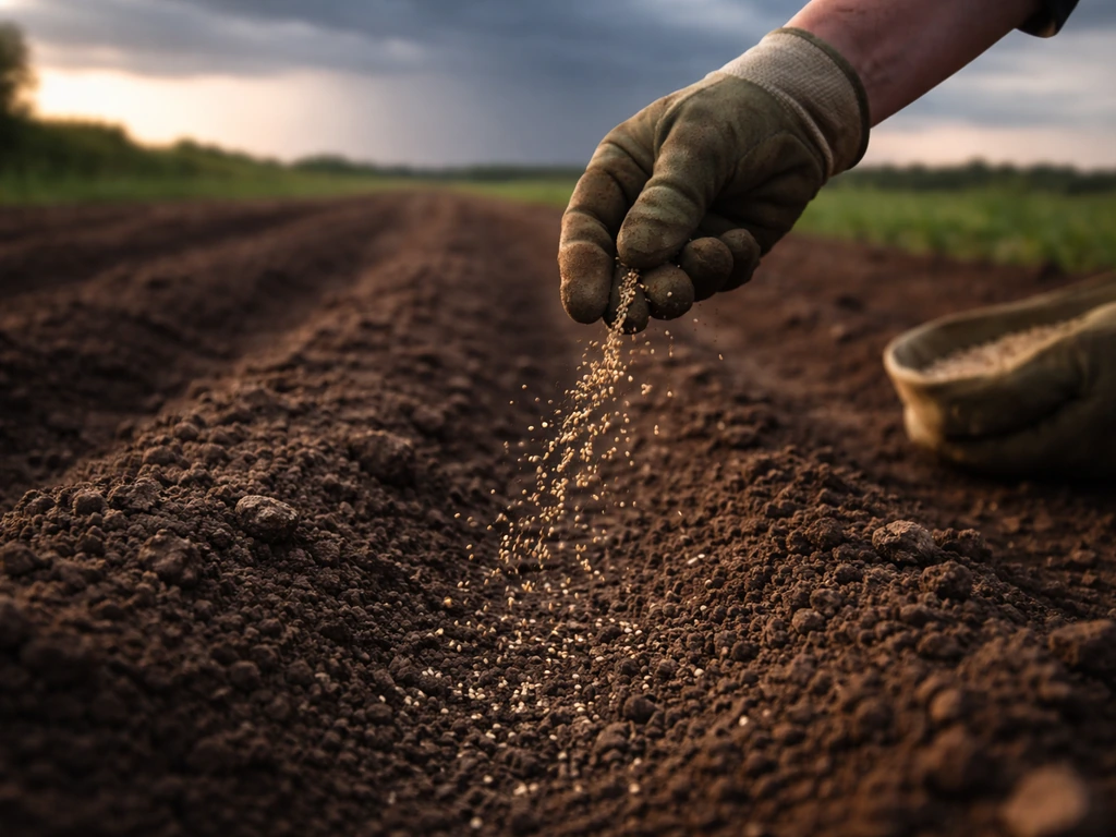 Hands spreading seeds over a fresh seed bed with a distant rainstorm sky suggesting upcoming multi-day rain.