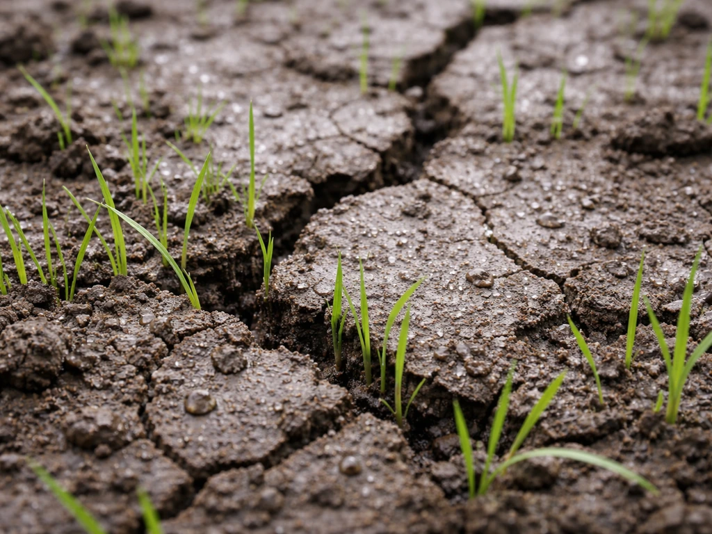 Close-up of compacted soil crust with tiny grass seedlings struggling under cracks after heavy rain