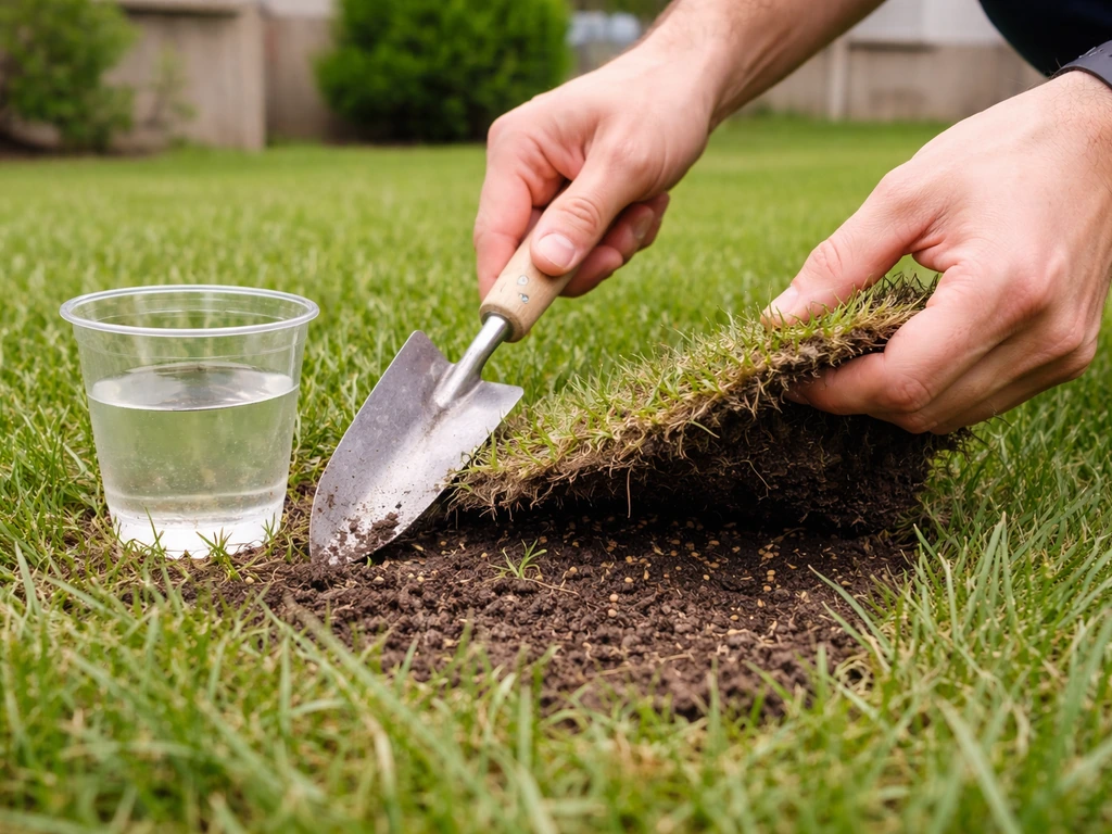 Anonymous hands lift backyard soil to inspect grass seed depth after rain.