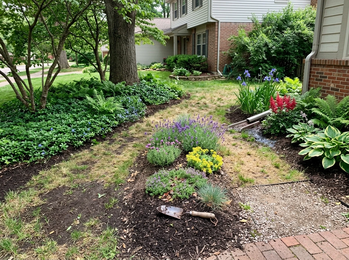 Yard bed transitioning from failed grass to grass-free plantings matched to shade and soil conditions