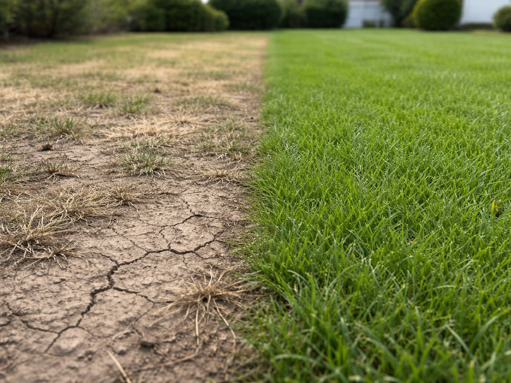 Bare cracked hard ground beside a greener patch of lawn, showing grass failing due to site conditions.