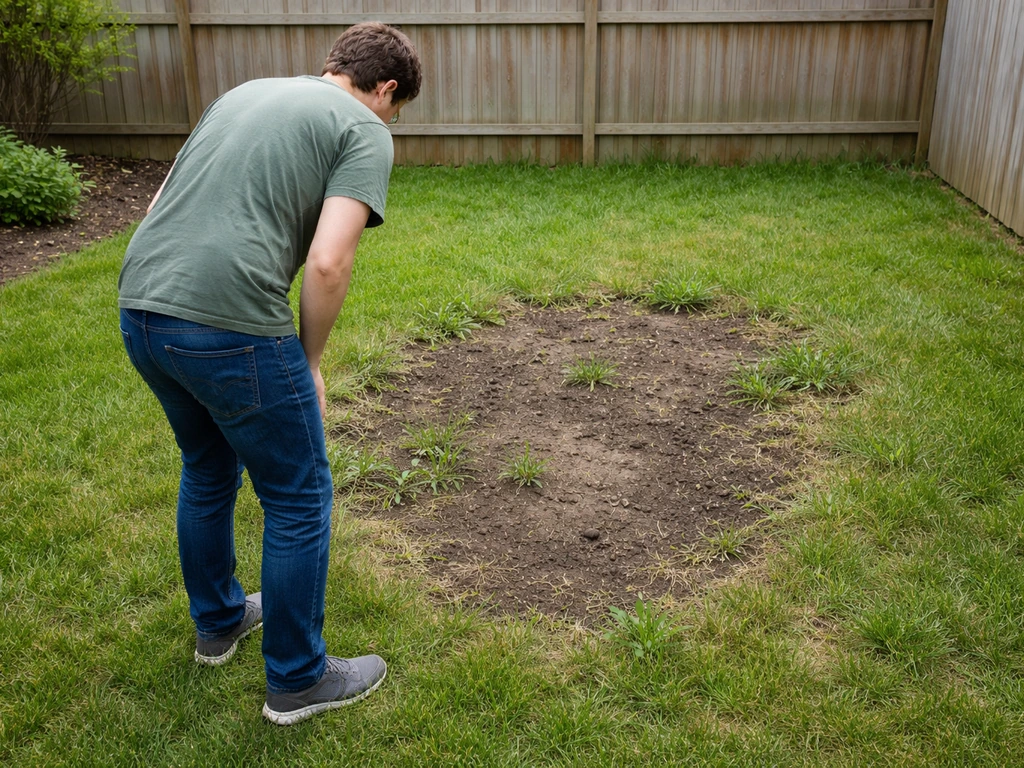 Homeowner walking over bare, uneven lawn patches with weeds and exposed soil, checking a sun-poor spot