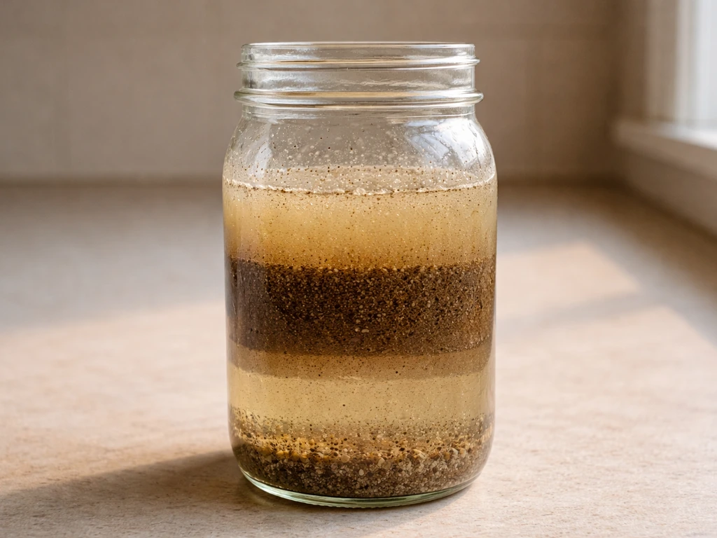 Clear jar with soil-and-water settling into distinct sediment layers after shaking.