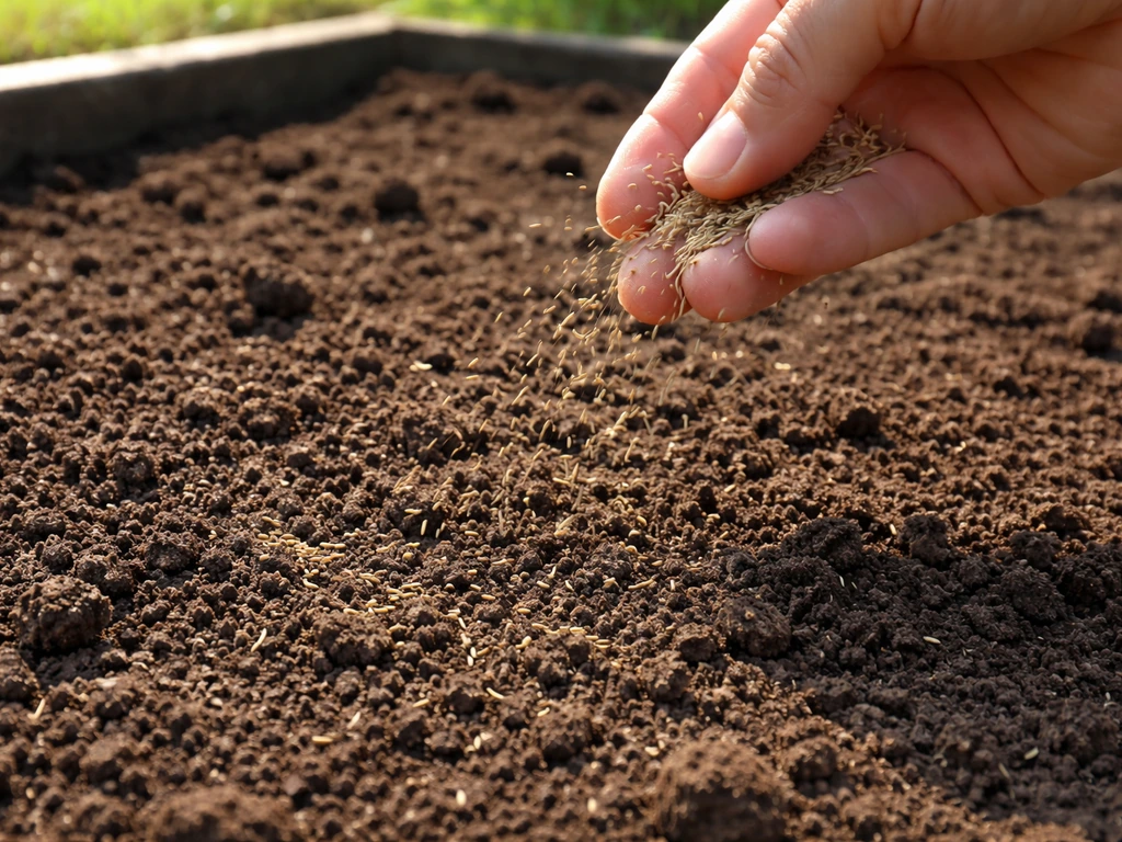Raked seedbed soil in sunlight with grass seed lightly spread into the top layer.