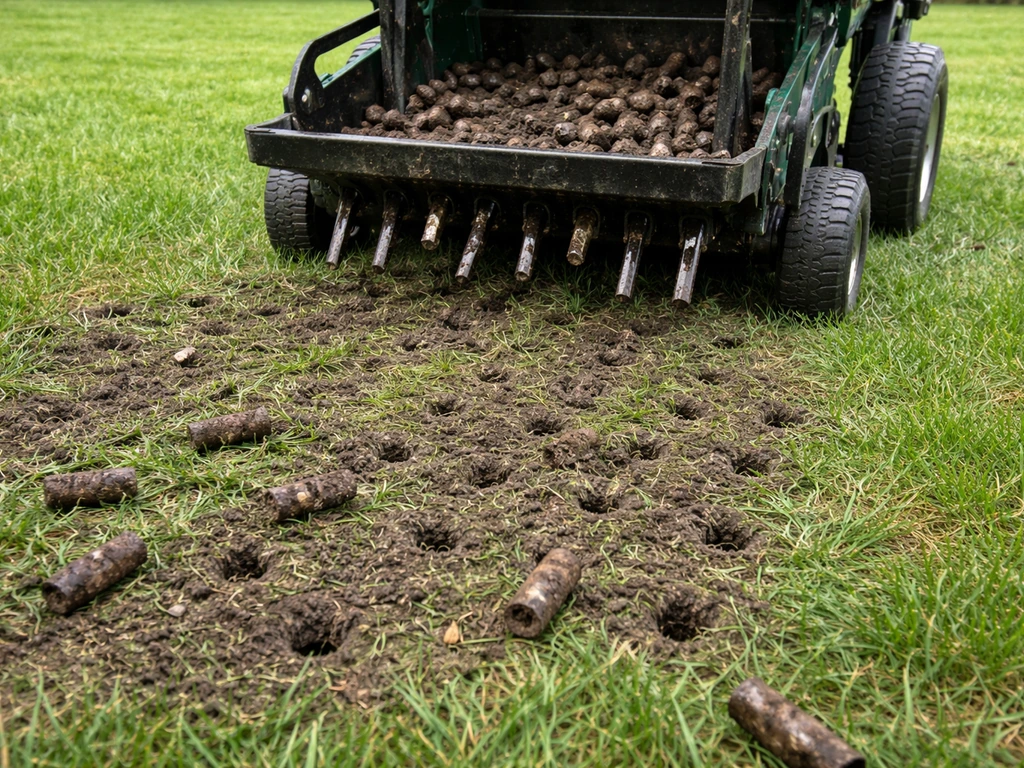 Core aeration machine pulling plugs from compacted lawn soil with visible holes for re-seeding.