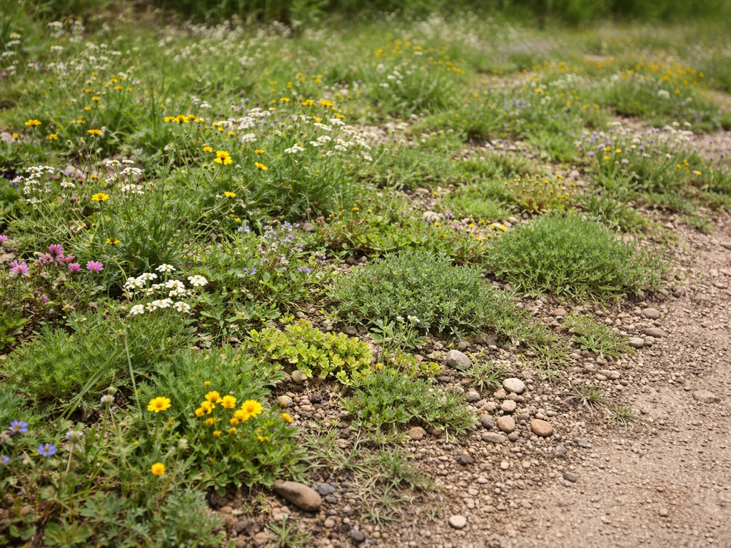 Lush native meadow groundcover thriving in rough soil where turf would struggle.