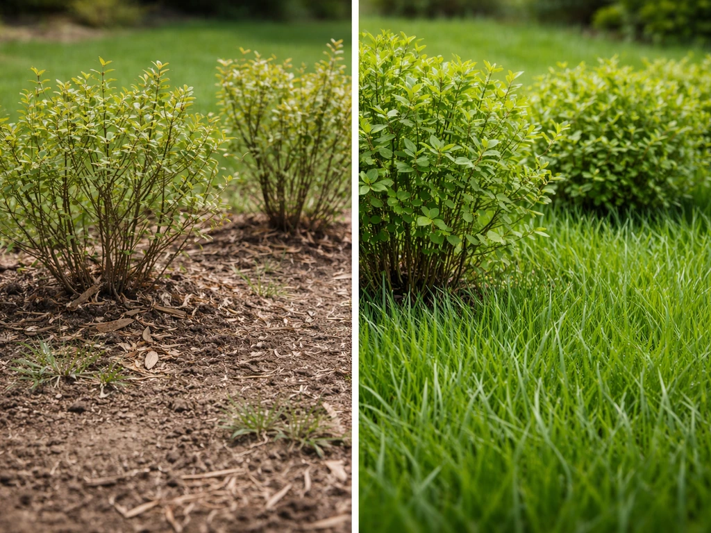 Shrubs with sparse growth under thin grass that quickly fills the soil, split-scene garden view