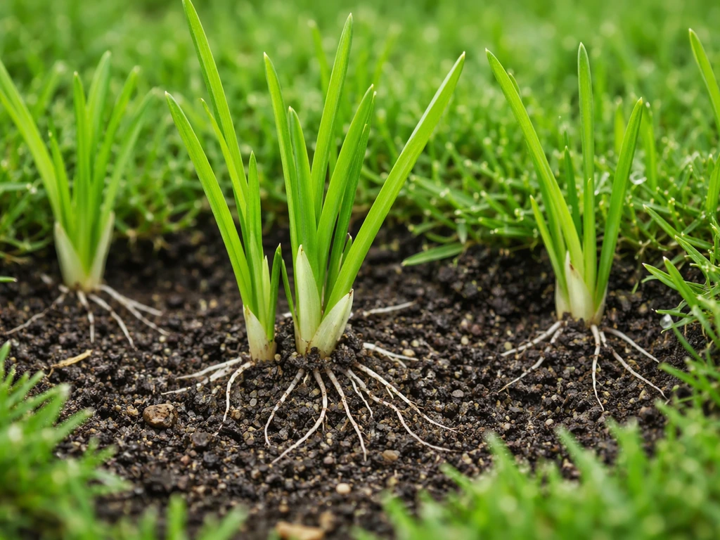 Close-up turfgrass with fresh basal growth emerging from dark soil and dense green coverage.