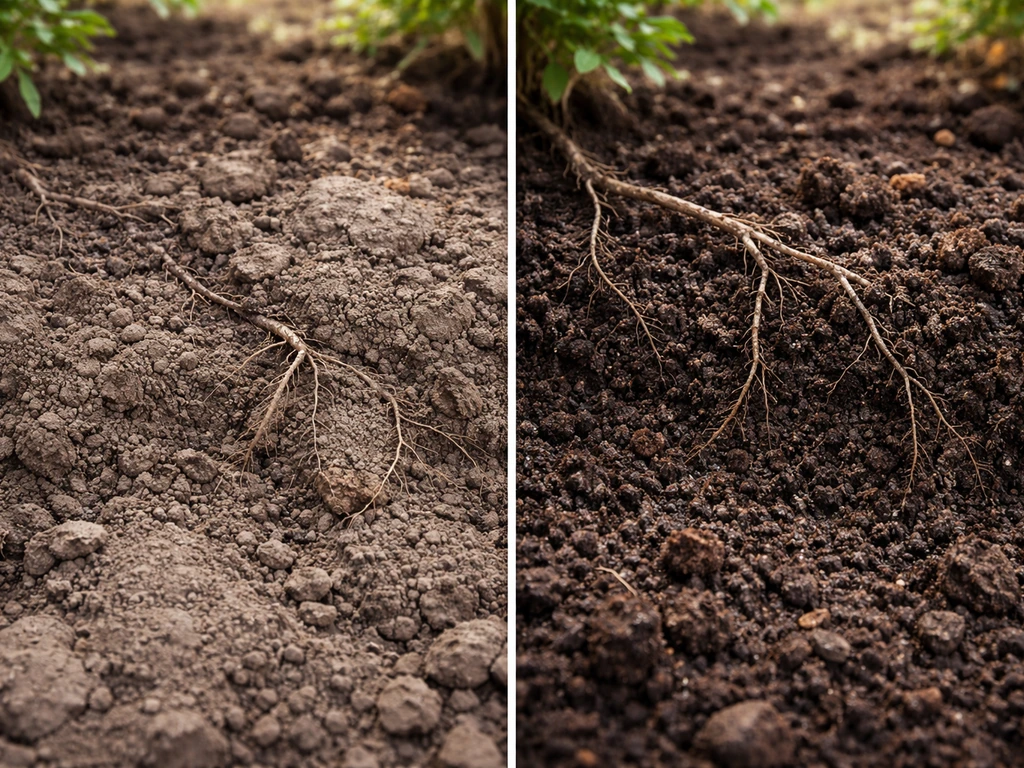 Side-by-side closeups of compacted, crusted soil versus aerated, loose soil in a shrub bed.
