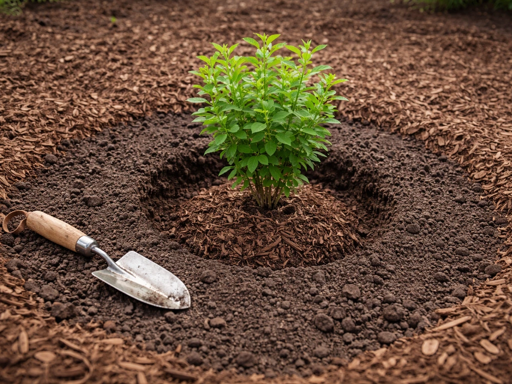 Freshly prepped shrub bed with loosened soil, a sapling in a hole, and a mulch ring barrier.