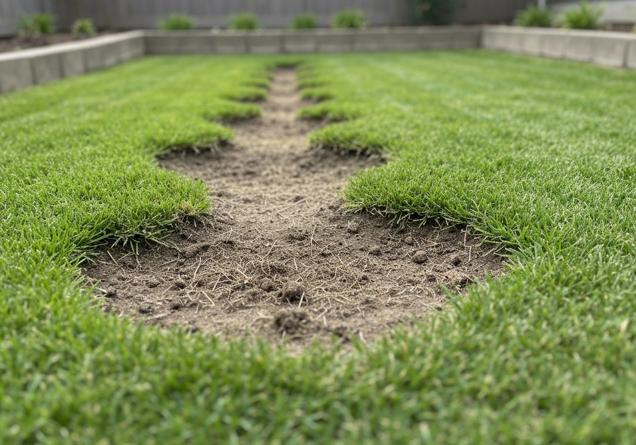 Patchy lawn with bare dying spots where grass won’t grow, contrasted against healthy green turf.