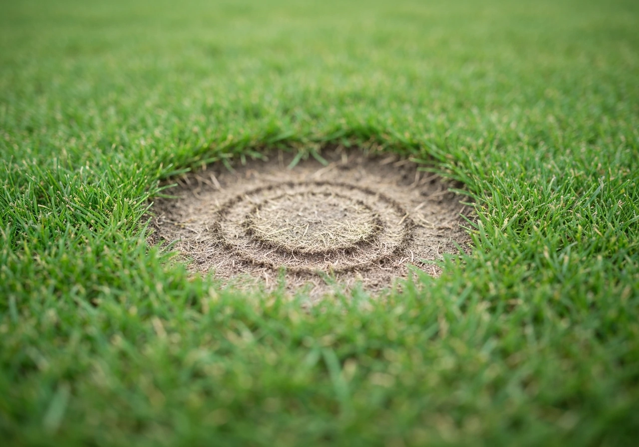 Close-up of a bare-grass circular patch in healthy lawn, showing a clear ring pattern and edges.