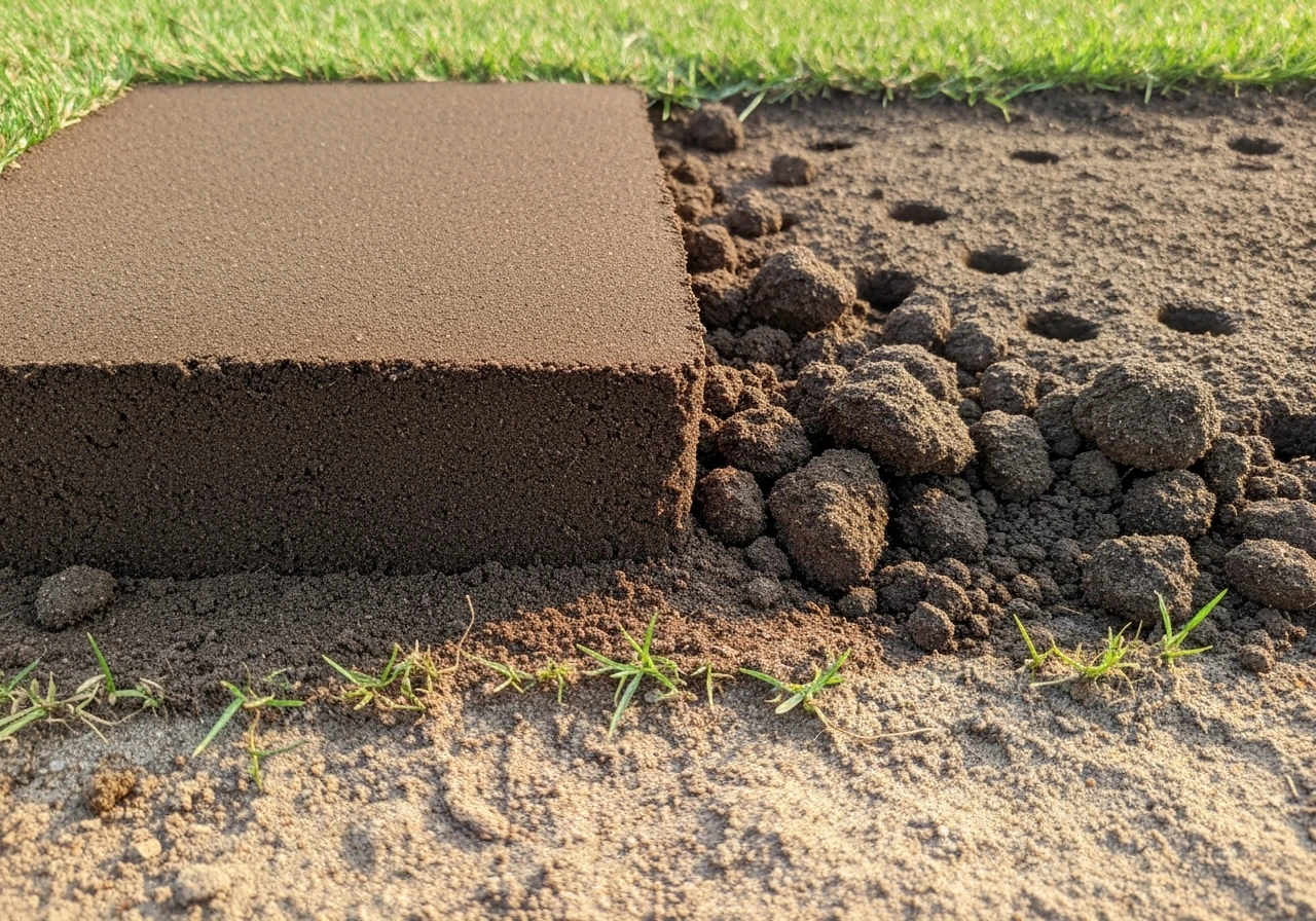 Close-up of compacted soil beside aeration holes and a thin topsoil patch at a lawn problem spot
