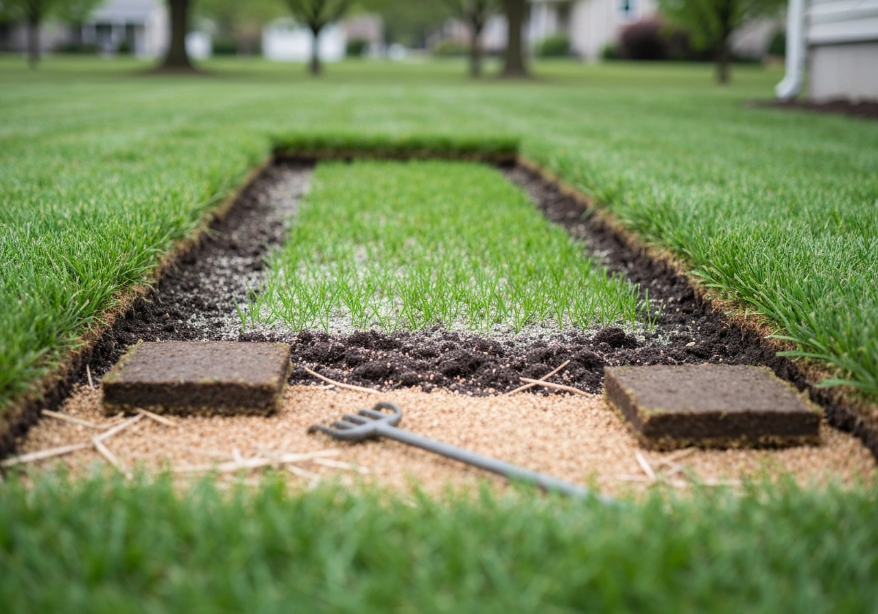 Freshly amended reseeding patch with early grass sprout and a couple of sod squares in a small lawn area.