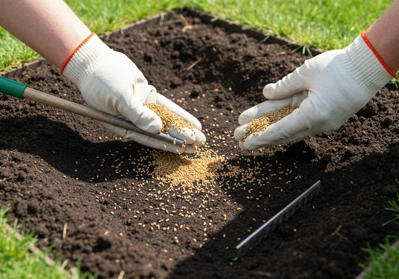 Closeup of grass seed being lightly raked into soil for reseeding after treating pests or disease.