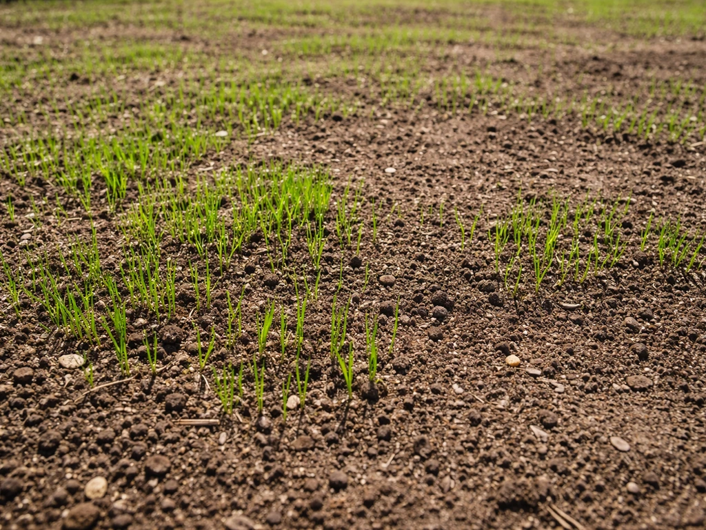 Patchy new grass sprouts emerging from bare soil across a freshly seeded lawn
