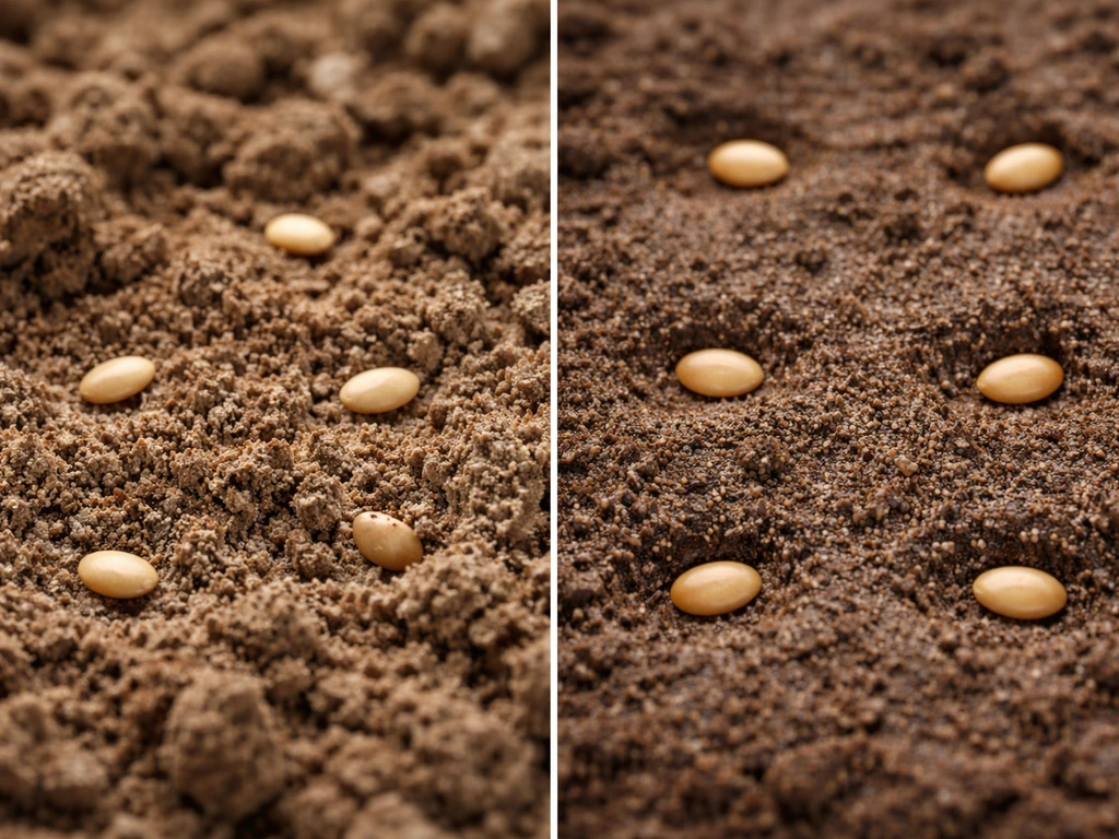 Closeup comparison: seeds resting on loose soil vs seeds pressed into compacted soil for contact.