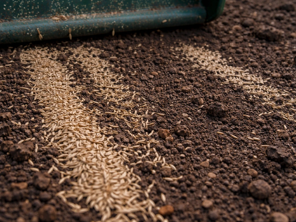 Macro view of patchy grass seed placement on soil with overlapped bands and missed rows.