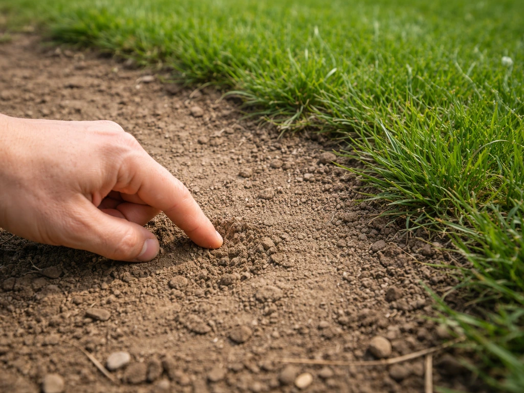 Hand scratches dry bare soil next to a greener patch to compare moisture levels.