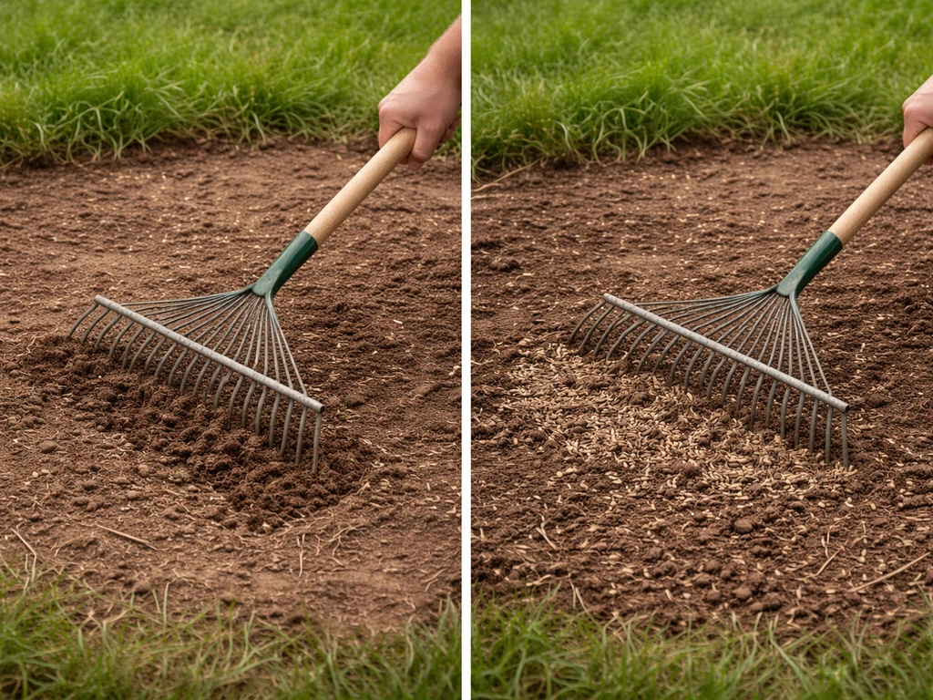 Garden worker loosening bare lawn soil with a leaf rake and pressing fresh grass seed into the surface