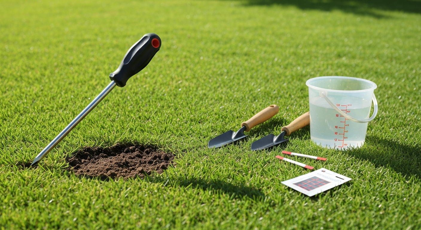 Backyard lawn with a bare patch and diagnostic tools (screwdriver, trowel, bucket, pH strips) arranged nearby.