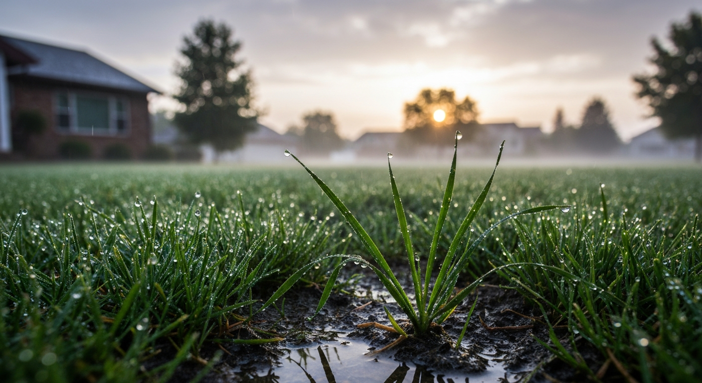 A lush green lawn glistening with raindrops and soft morning light, showing grass blades standing up after a rain.