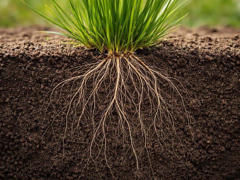 Close-up cross-section view of a grass plant crown at soil surface with roots below and blades above.