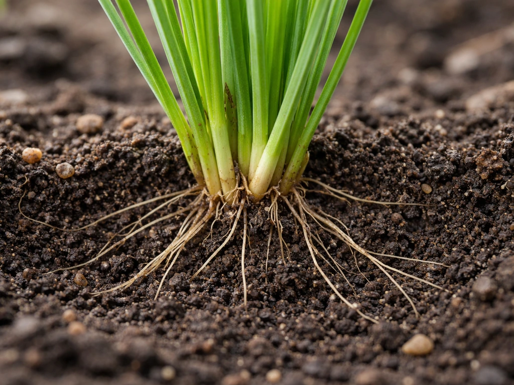 Macro view of a grass crown at the soil surface connecting roots below to leaf blades above