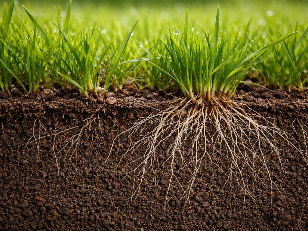 Minimal lawn cross-section photo showing dense grass roots below and lush blades above.
