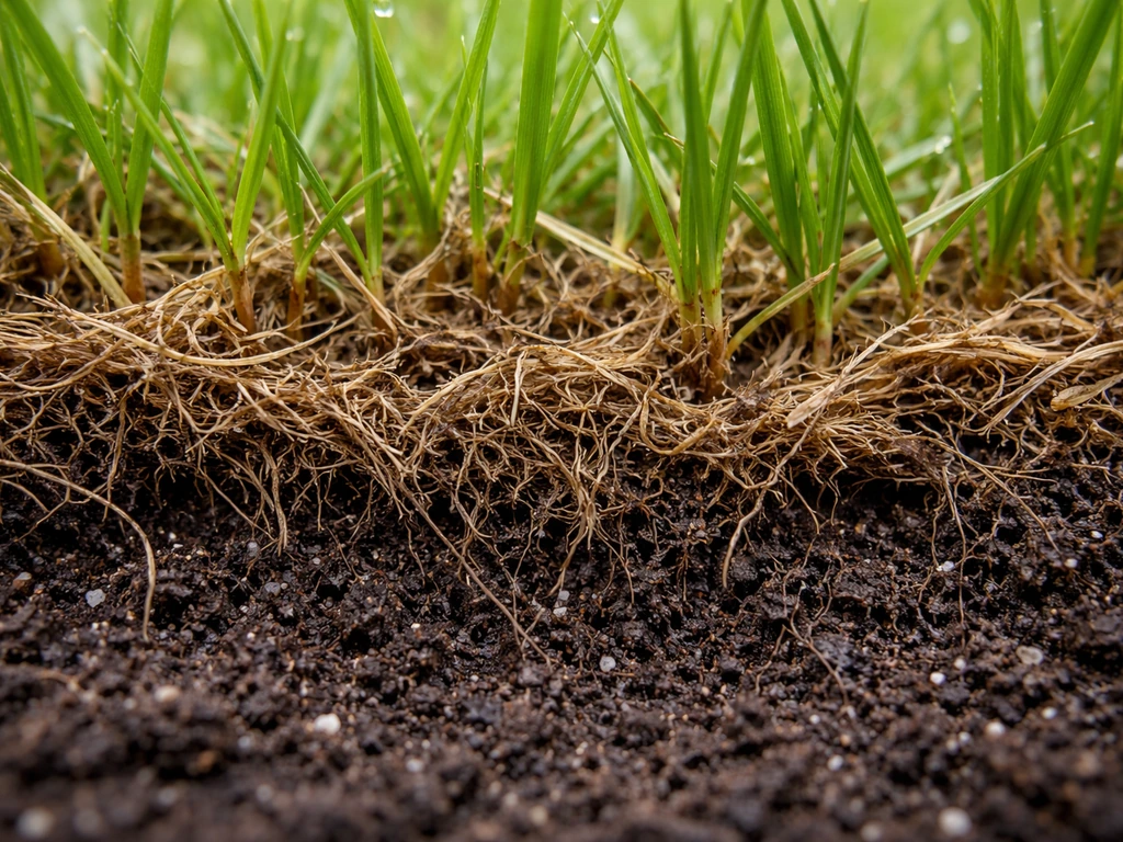 Close-up of thatch buildup between grass blades and soil, with the crown at the base visible.