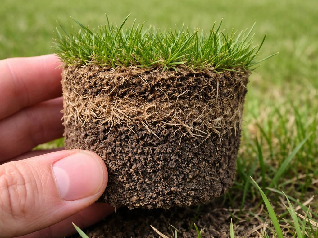 Close-up of a cut lawn soil plug showing grass, thatch, roots, and soil layers at ~3 inches.