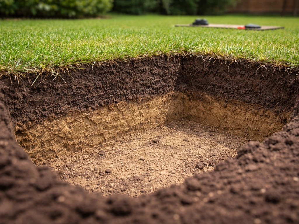 Exposed soil layers in a small trench next to a starting grass lawn patch, showing workable topsoil depth.